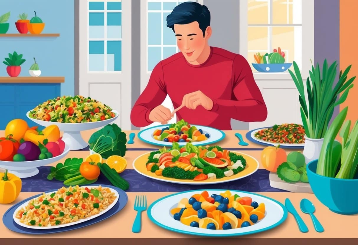 A festive table with colorful, nutritious dishes and a variety of fruits and vegetables. A person is seen engaging in physical activity or enjoying a healthy holiday activity