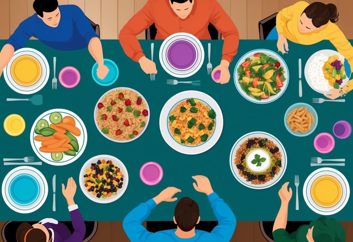 A festive table with colorful, portion-controlled dishes and healthy snacks. A person is seen engaging in physical activity, such as walking or dancing, at a holiday gathering