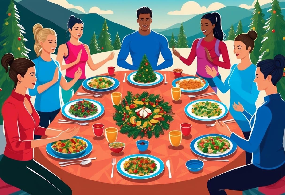 A festive table with colorful, healthy holiday dishes surrounded by people engaged in physical activities like hiking or yoga