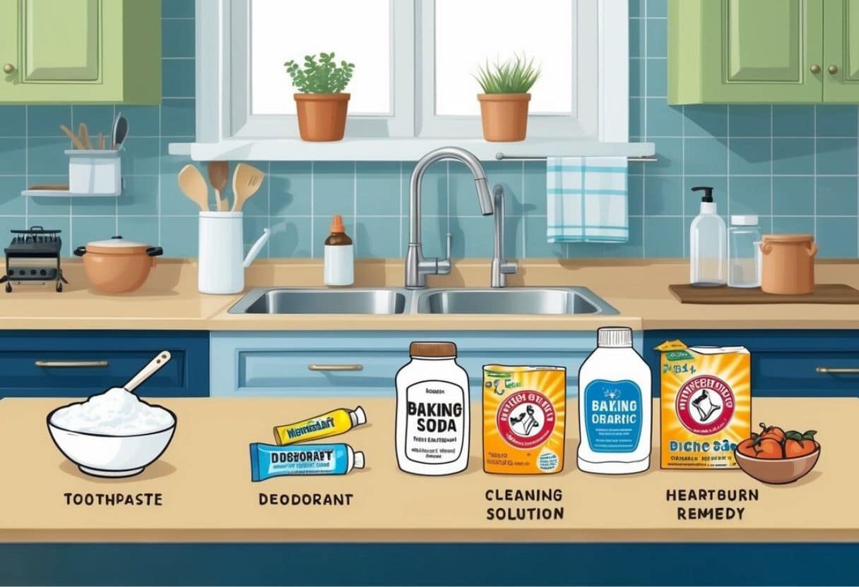 a kitchen counter with different household cleaning products