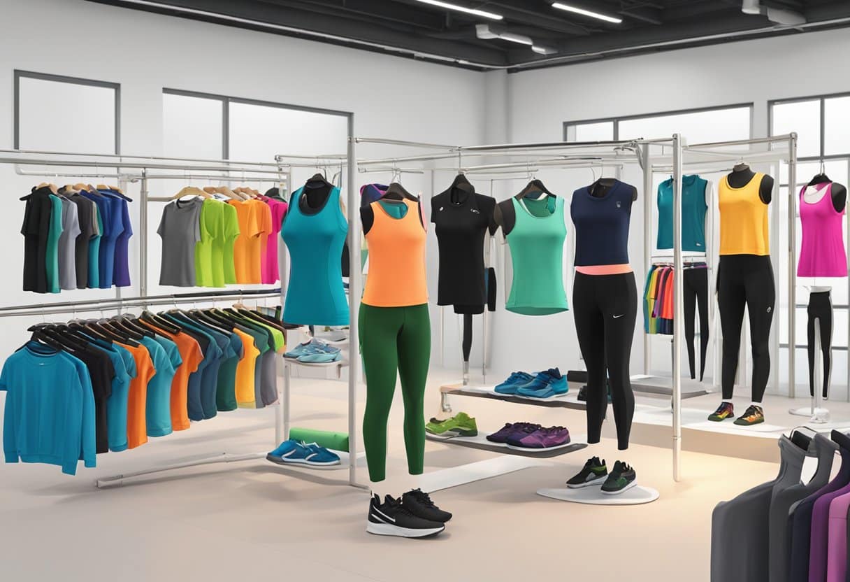 A bamboo activewear display at a fitness expo, featuring sleek, sustainable clothing items in various vibrant colors and patterns