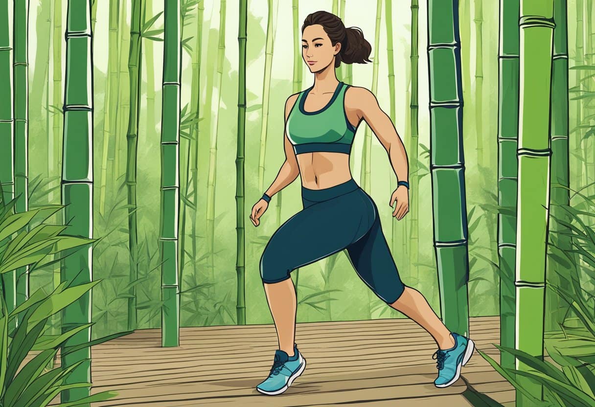 A bamboo fabric gym outfit being worn during a workout session, with a bamboo forest in the background, showcasing the natural and sustainable benefits of bamboo clothing in the fitness industry