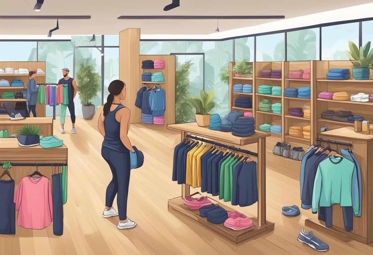 A bustling fitness apparel store with bamboo clothing prominently displayed, surrounded by active customers browsing and trying on various items