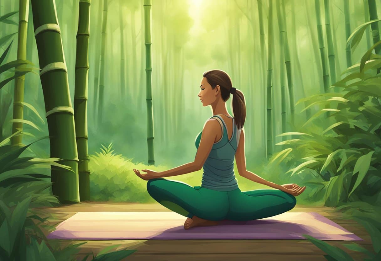 A person wearing bamboo clothing doing yoga on a bamboo mat in a lush green forest clearing