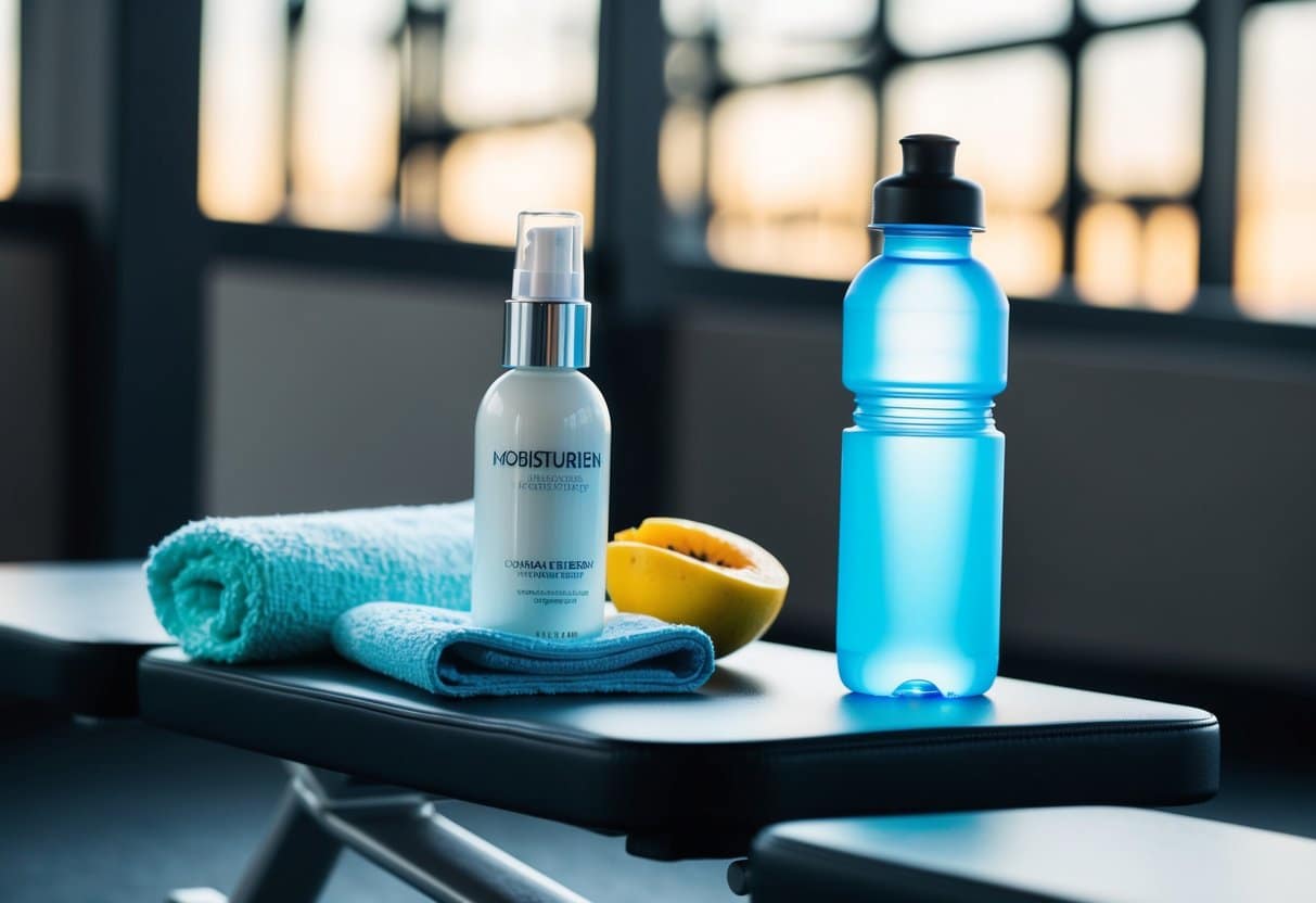 A bottle of moisturizer and a towel on a gym bench, with a water bottle and a piece of fruit nearby