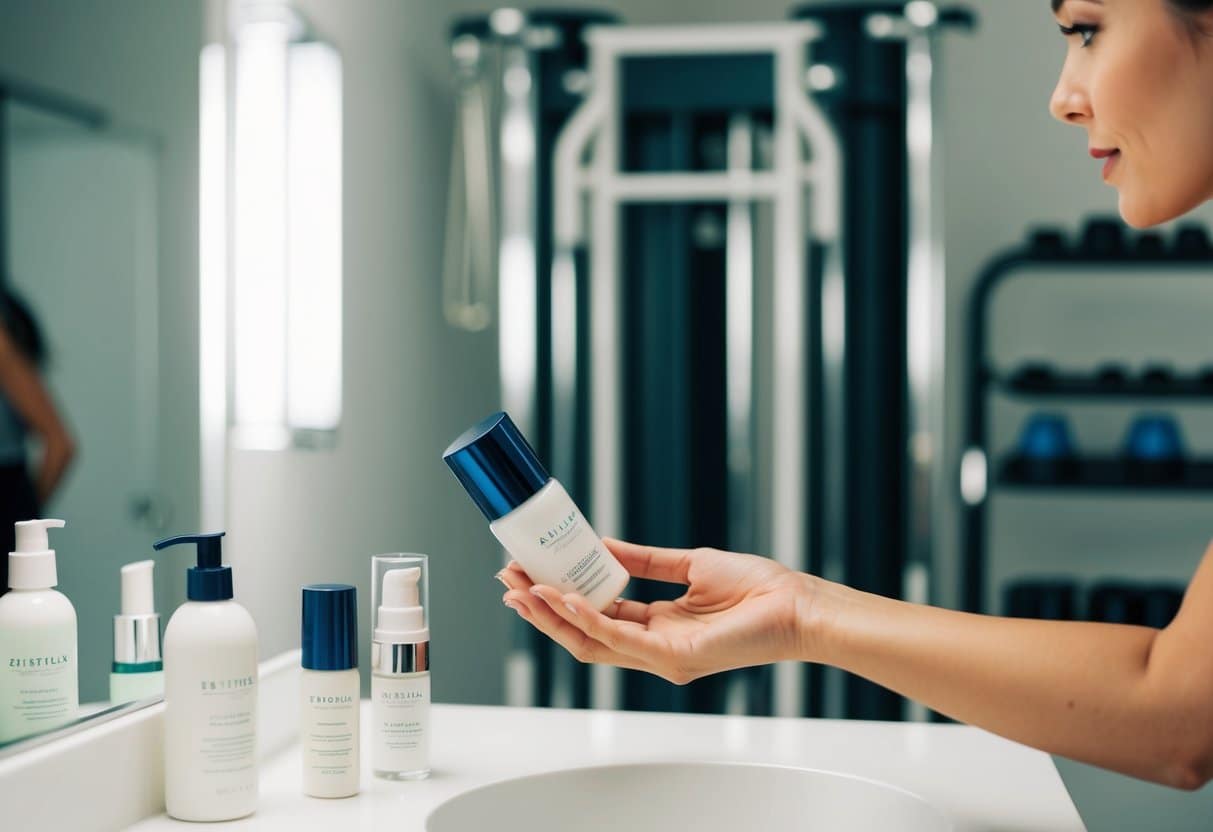 A woman's hand reaching for skincare products on a bathroom counter, with exercise equipment in the background