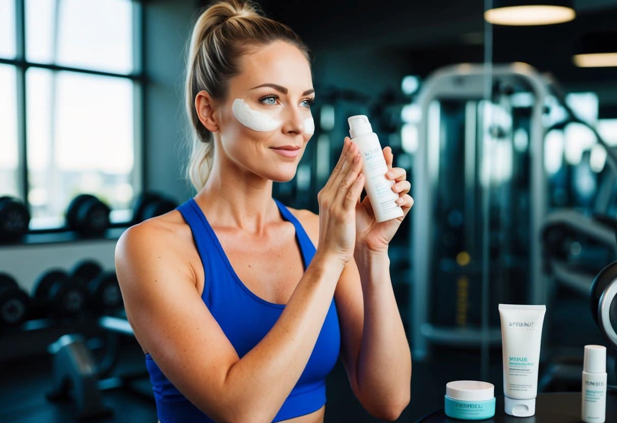 A person applying sunscreen before and after a workout, with gym equipment and skincare products in the background