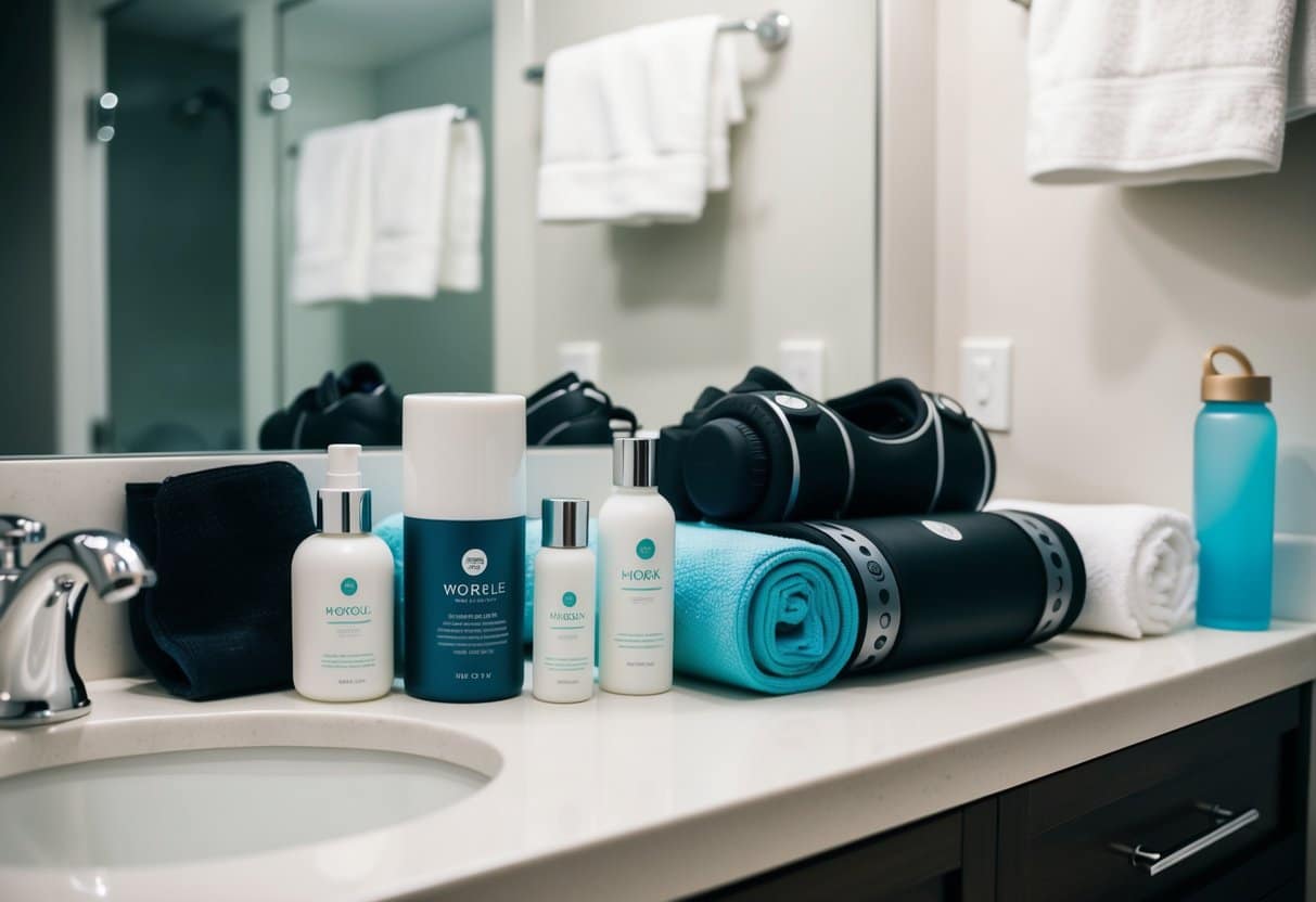 A person's workout gear and skincare products laid out neatly on a bathroom counter, with a towel and water bottle nearby