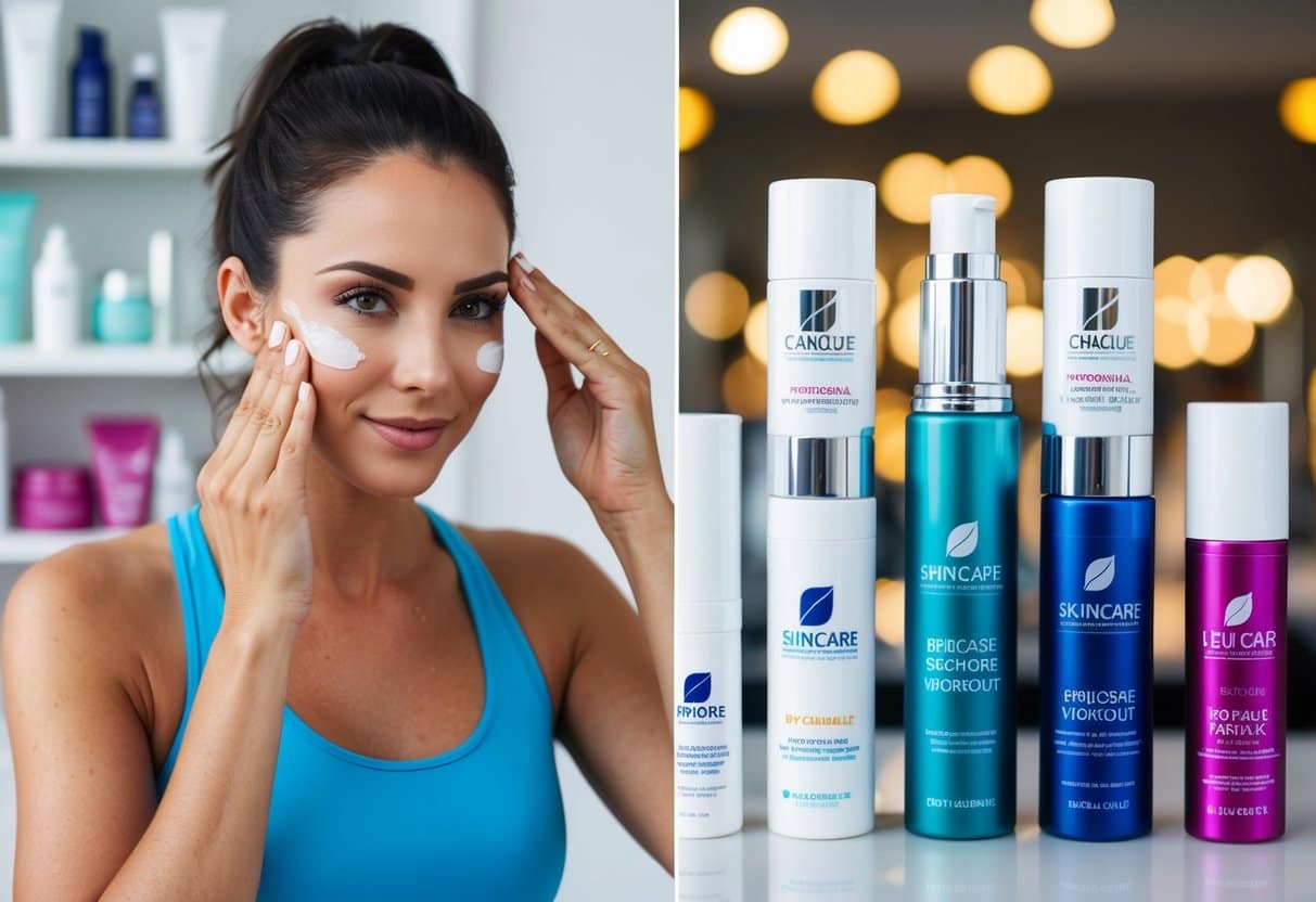 A woman applying skincare products before and after a workout, with various skincare brands displayed in the background