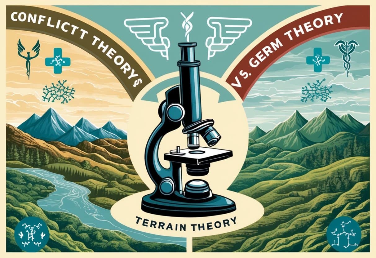 A microscope surrounded by conflicting medical symbols, with a landscape divided into two contrasting environments representing Terrain Theory and Germ Theory