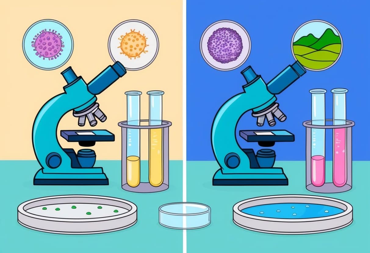 A laboratory setting with microscope, petri dishes, and test tubes. Two contrasting theories depicted through visual representations of germs and terrain