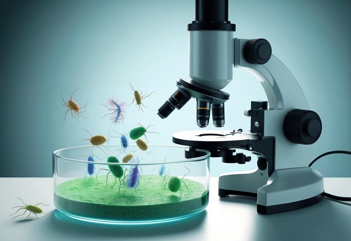 A microscope revealing a battle between microscopic organisms on a petri dish, representing the debate between Germ Theory and Terrain Theory in modern medicine