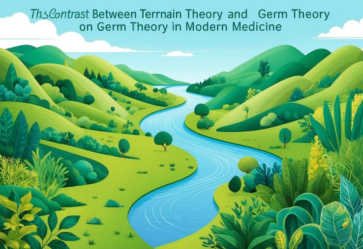 A lush landscape with a winding river, rolling hills, and diverse vegetation. The scene depicts the contrast between Terrain Theory and Germ Theory in modern medicine
