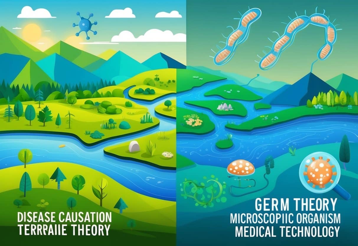 A vibrant landscape with two opposing sides: one representing Disease Causation Terrain Theory with natural elements, and the other representing Germ Theory with microscopic organisms and medical technology