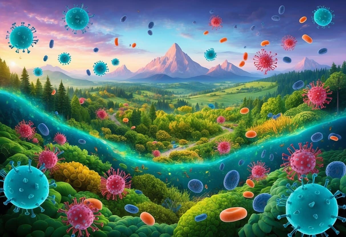A vibrant landscape with a healthy, flourishing ecosystem surrounded by microscopic pathogens and immune system cells in battle