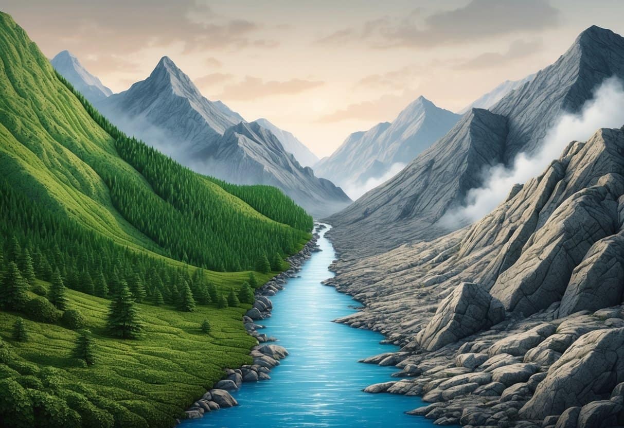 A rugged mountain landscape with a clear divide between lush, green terrain and barren, rocky ground. A river runs through the middle, symbolizing the debate between Terrain Theory and Germ Theory in modern medicine