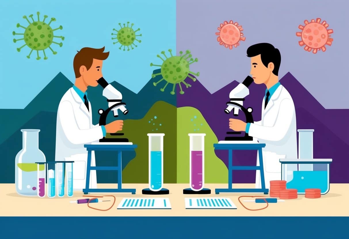 A laboratory setting with test tubes, microscopes, and medical equipment. Two opposing theories are represented through visual elements such as terrain and germs