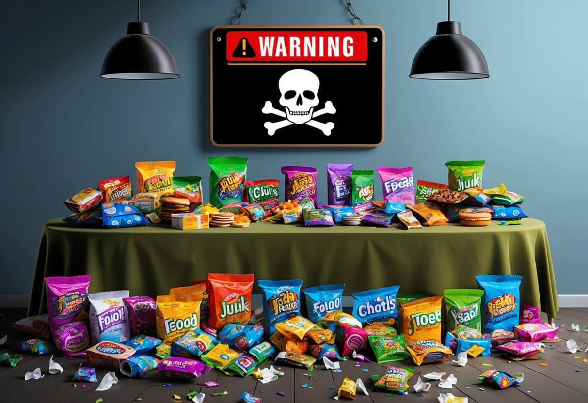 A table overflowing with colorful, packaged junk food. Empty wrappers litter the floor. A warning sign with a skull and crossbones hangs above