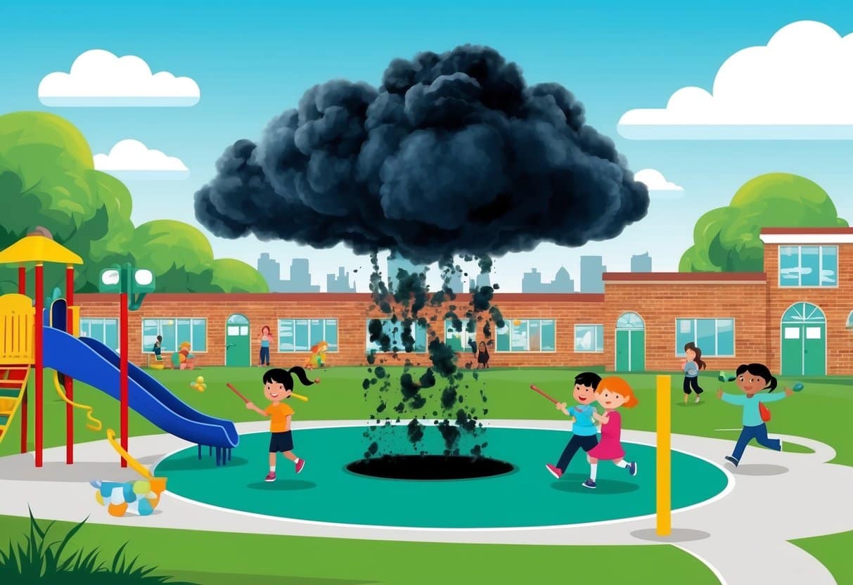 A dark cloud of toxic chemicals hovers over a school playground, while children play unaware
