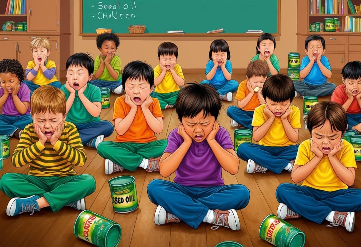 A classroom of children clutching their stomachs in pain, surrounded by discarded seed oil containers
