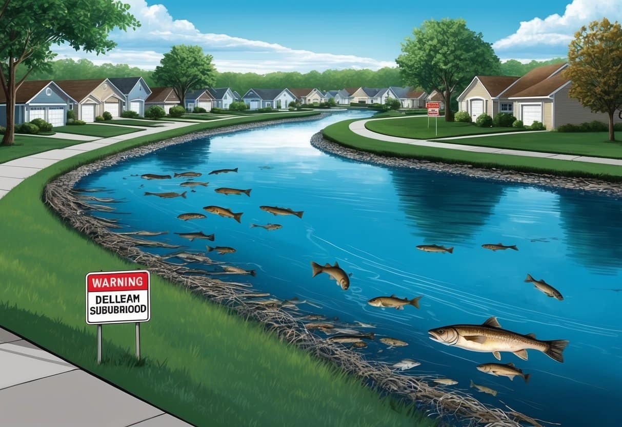 A polluted river flows through a suburban neighborhood, with dead fish floating on the surface and warning signs posted along the banks