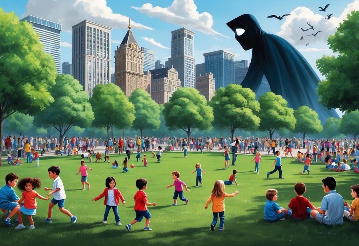 A crowded city park with children playing, while a looming shadow of doubt and fear hovers over the scene