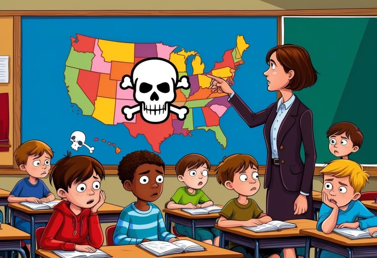 A group of children in a classroom, looking sick and disoriented, while a teacher points to a map of America with a skull and crossbones over it