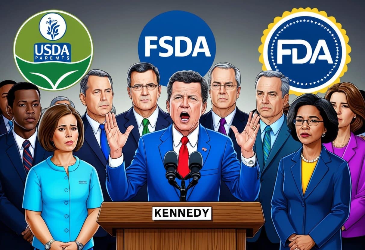 Kennedy passionately speaking at a podium, surrounded by concerned parents and officials, with the USDA and FDA logos in the background