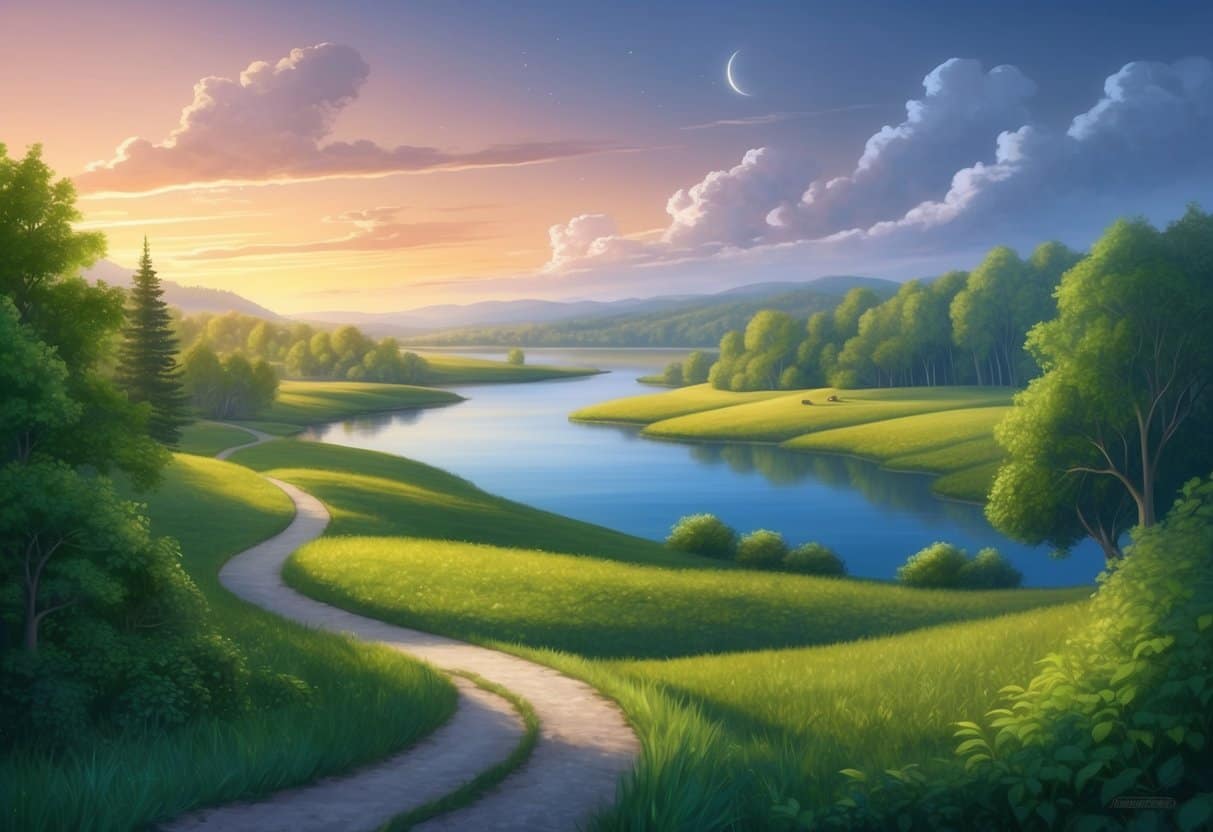 A serene landscape with a morning and evening sky, featuring a winding path through lush greenery and a serene body of water