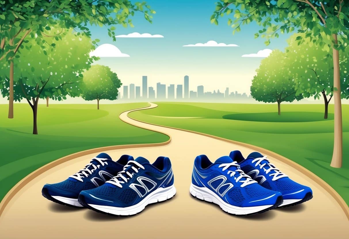 A serene park with a winding path, dappled sunlight, and a distant skyline, with two sets of running shoes placed side by side on the ground