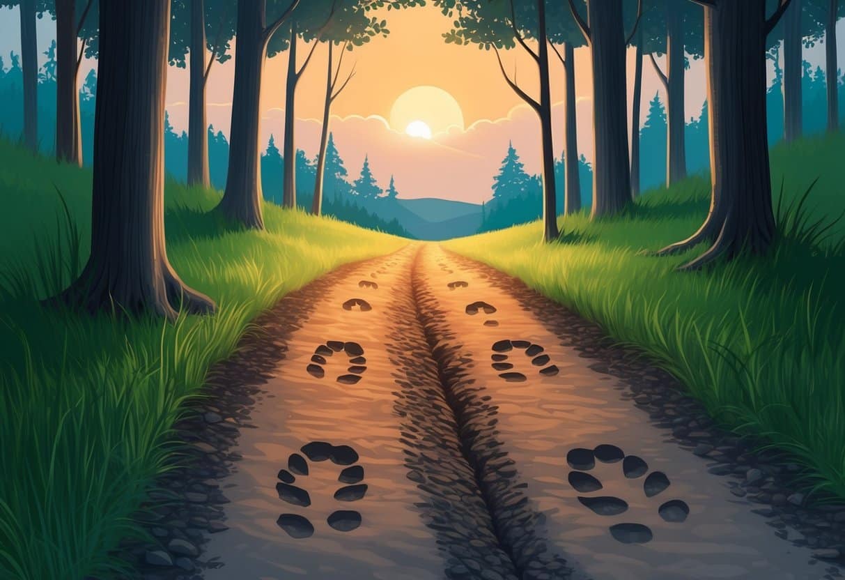 A serene forest trail with two sets of footprints, one fresher than the other, leading into the distance under the glow of a setting sun