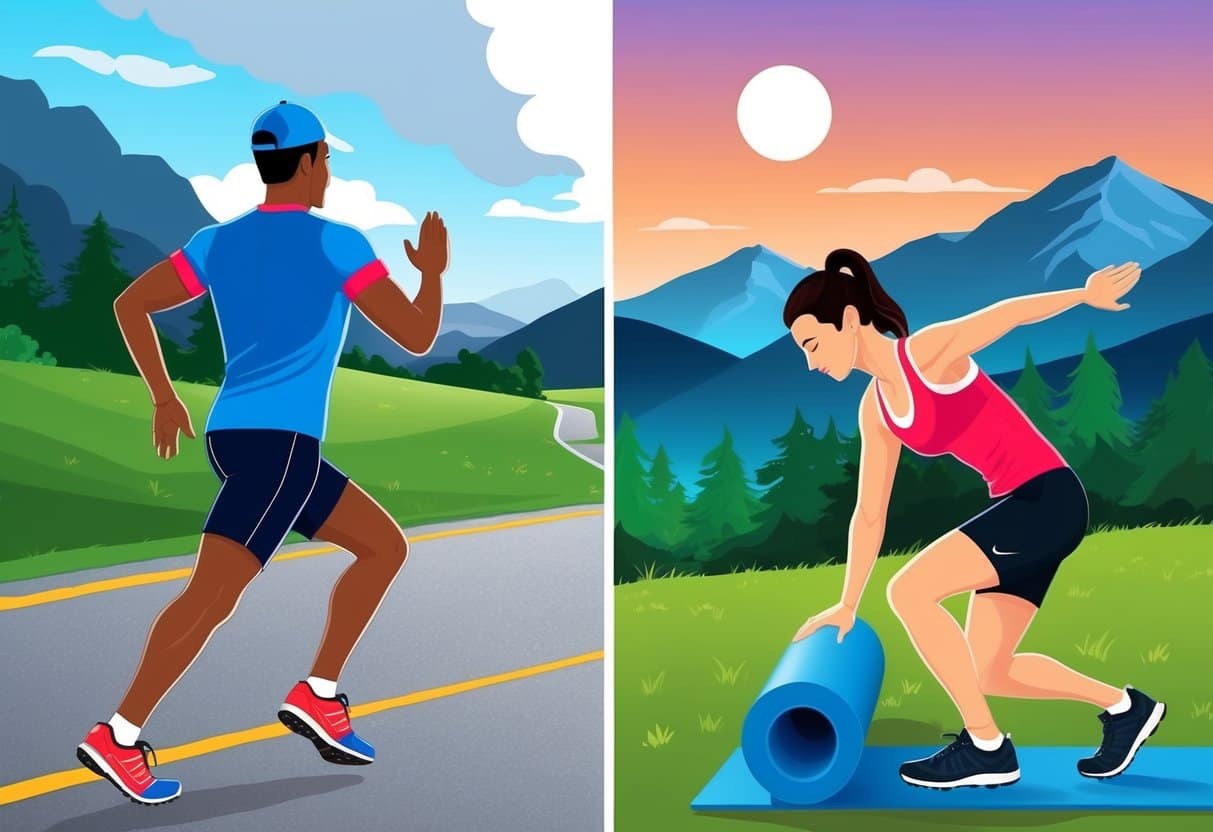 A runner stretching before a scenic morning run, then cooling down with foam rolling in the evening