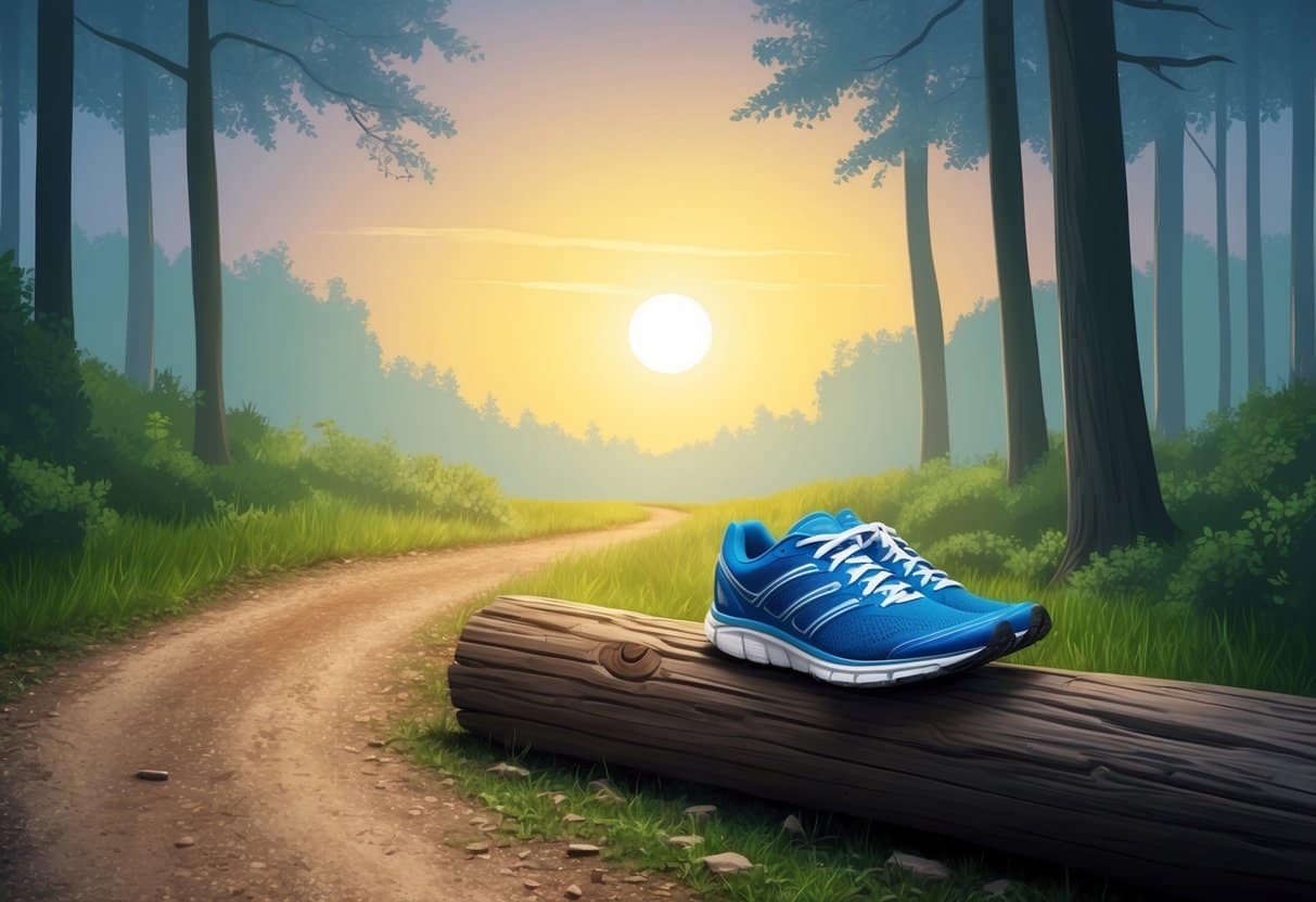 A serene sunrise over a peaceful forest trail, with a lone pair of running shoes resting on a fallen log, hinting at the benefits of running twice a day