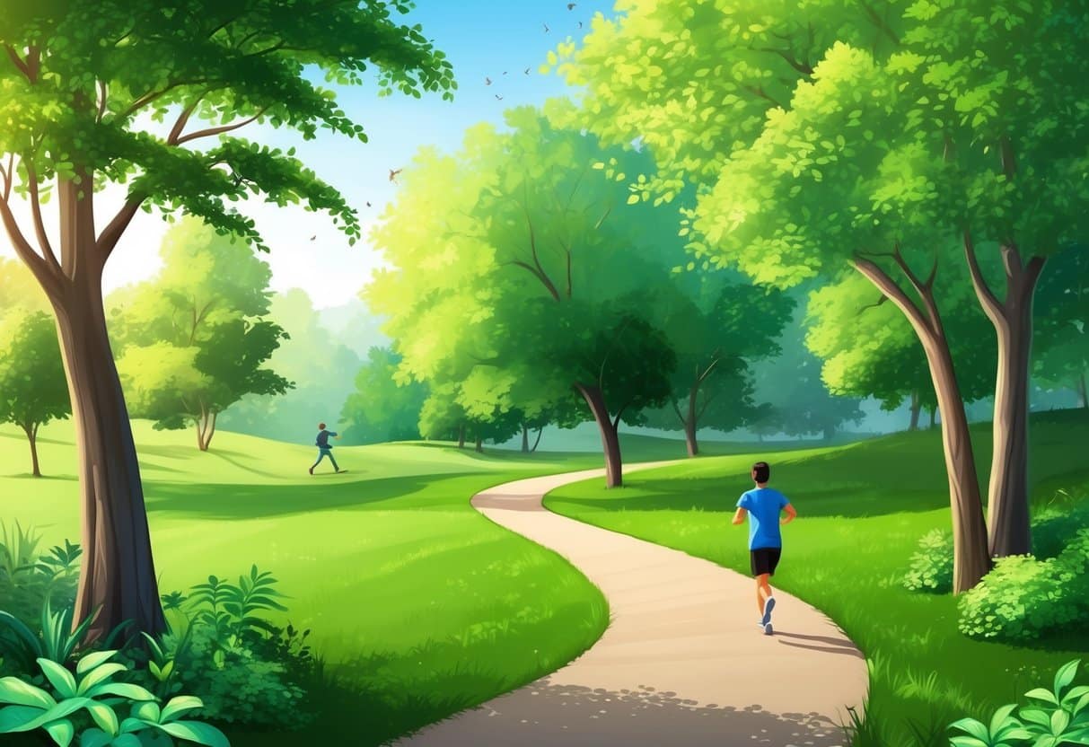 A serene park with a winding trail, surrounded by lush greenery and dappled sunlight, with a figure running along the path in the distance