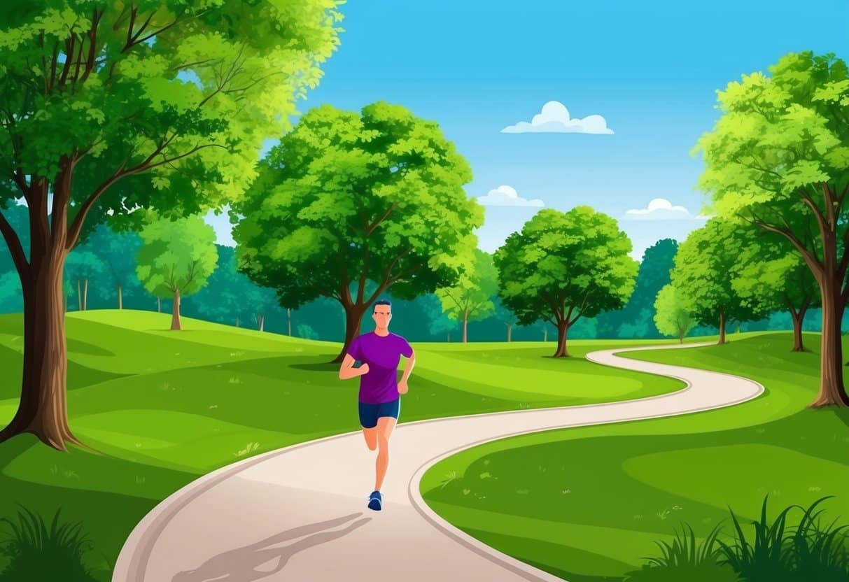 A serene park with a winding trail, surrounded by lush green trees and a clear blue sky. A runner is shown completing their second run of the day, with a sense of accomplishment and vitality