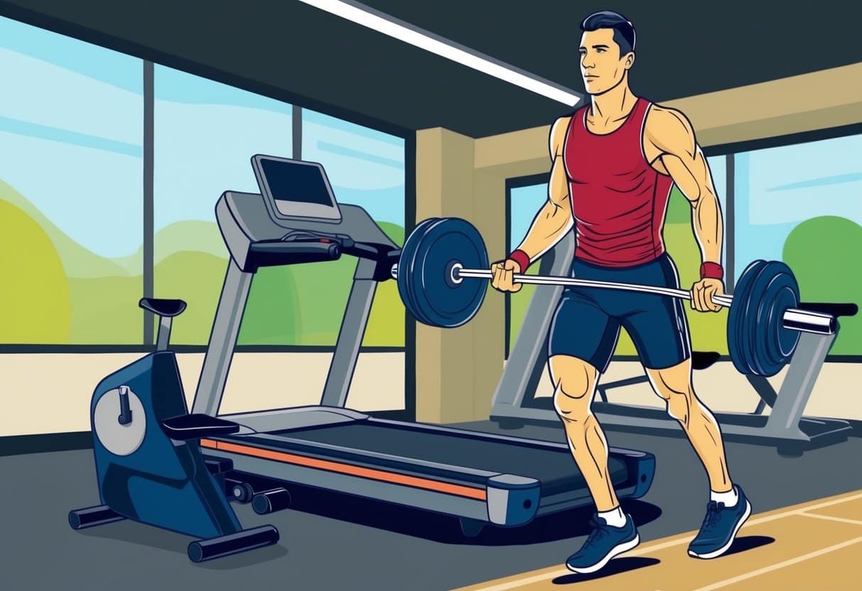 A runner lifting weights in a gym, with a treadmill in the background for cross-training