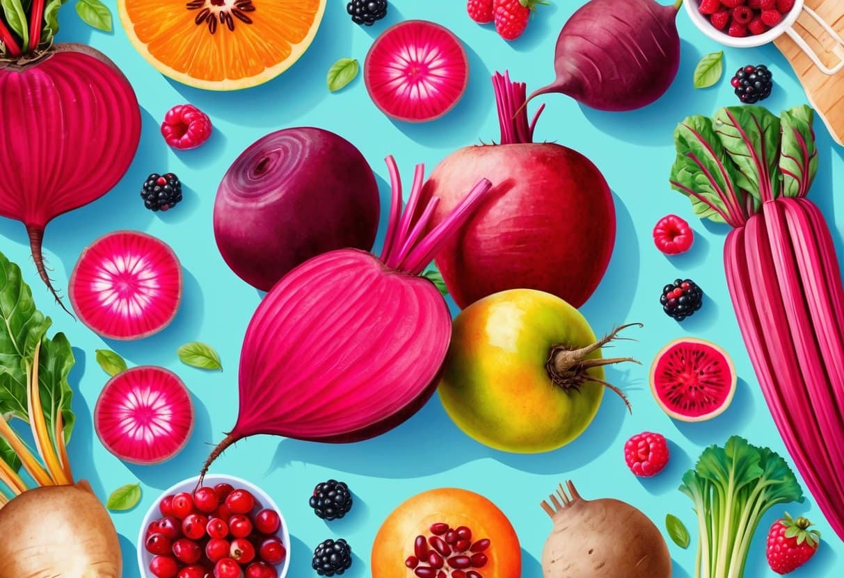 A colorful array of fruits and vegetables, with vibrant reds and pinks, surrounded by natural ingredients like beets and berries