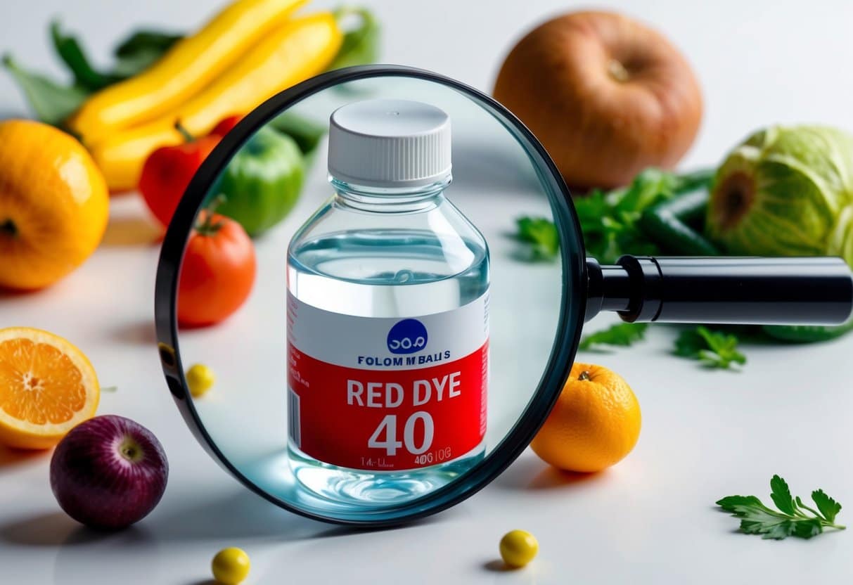 A clear bottle of red dye 40 sits on a white table, surrounded by various fruits and vegetables. A magnifying glass hovers over the bottle, highlighting its ingredients