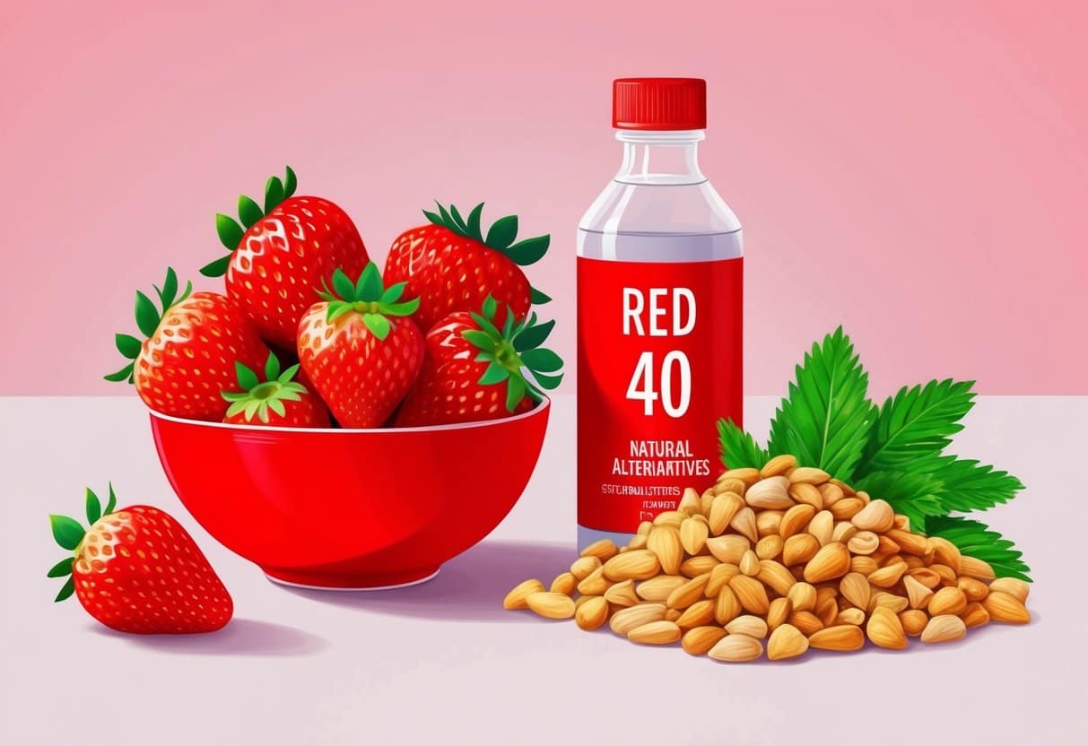 A bowl of bright red strawberries sits next to a bottle of red dye 40, with a warning label and a pile of natural alternatives nearby