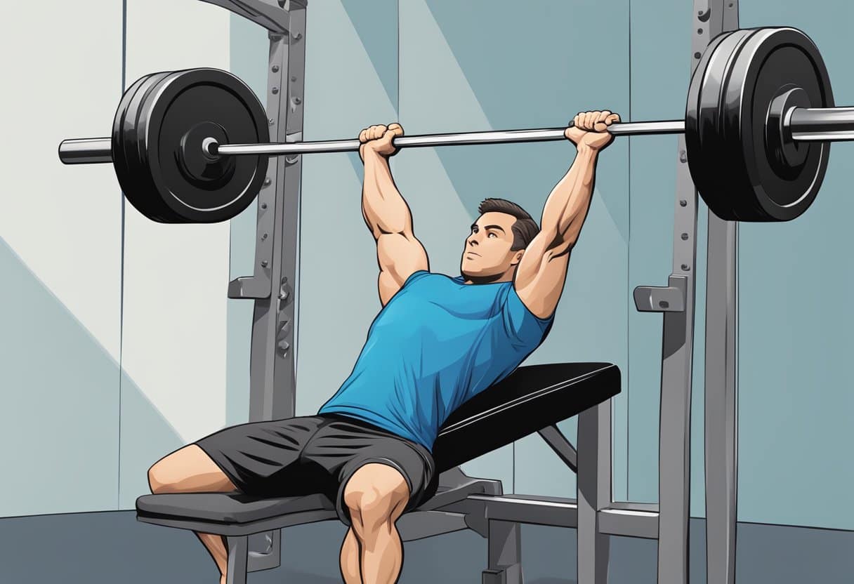A person lifting a barbell off a bench, with their arms fully extended. The barbell is being raised upward in a controlled manner