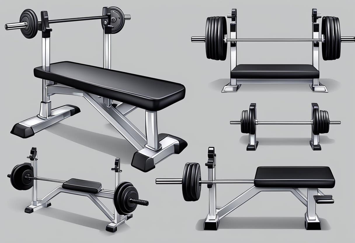 A weight bench with barbells of different sizes and variations set up for bench pressing