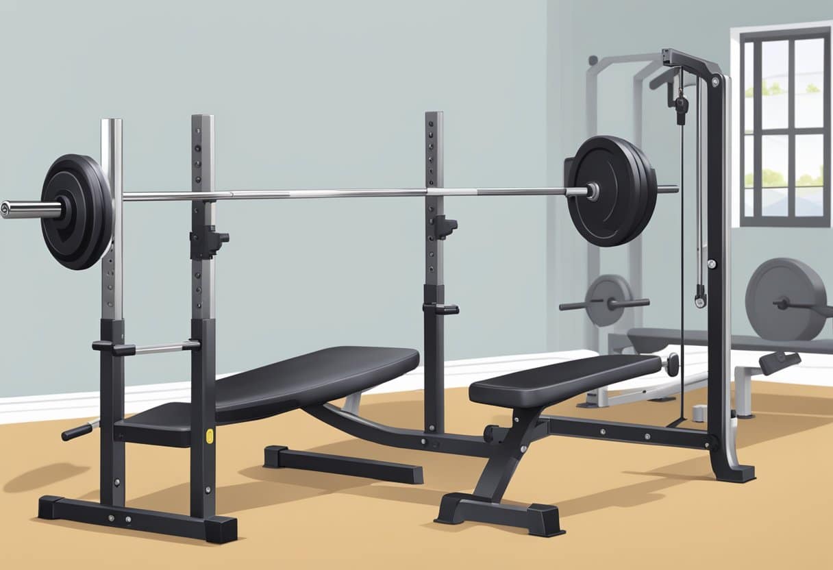 A weight bench with safety bars, a barbell, and a spotter standing nearby