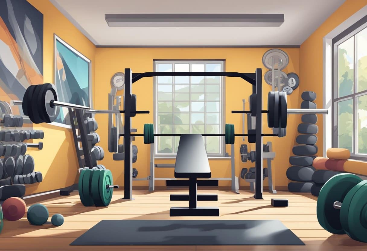 A weight bench with a barbell and weights, surrounded by gym equipment and motivational posters on the walls