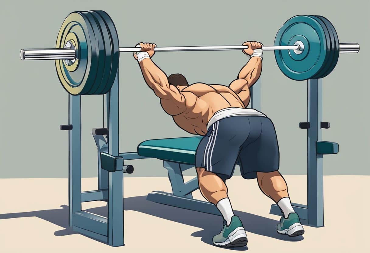 A person struggling to lift too much weight, arching their back, and not fully extending their arms while bench pressing