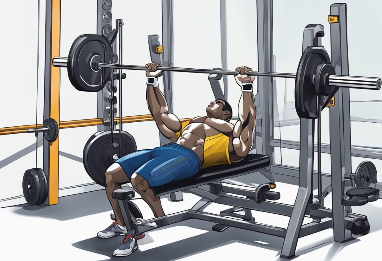 A weight bench with a loaded barbell, surrounded by various strength training equipment and a focused atmosphere
