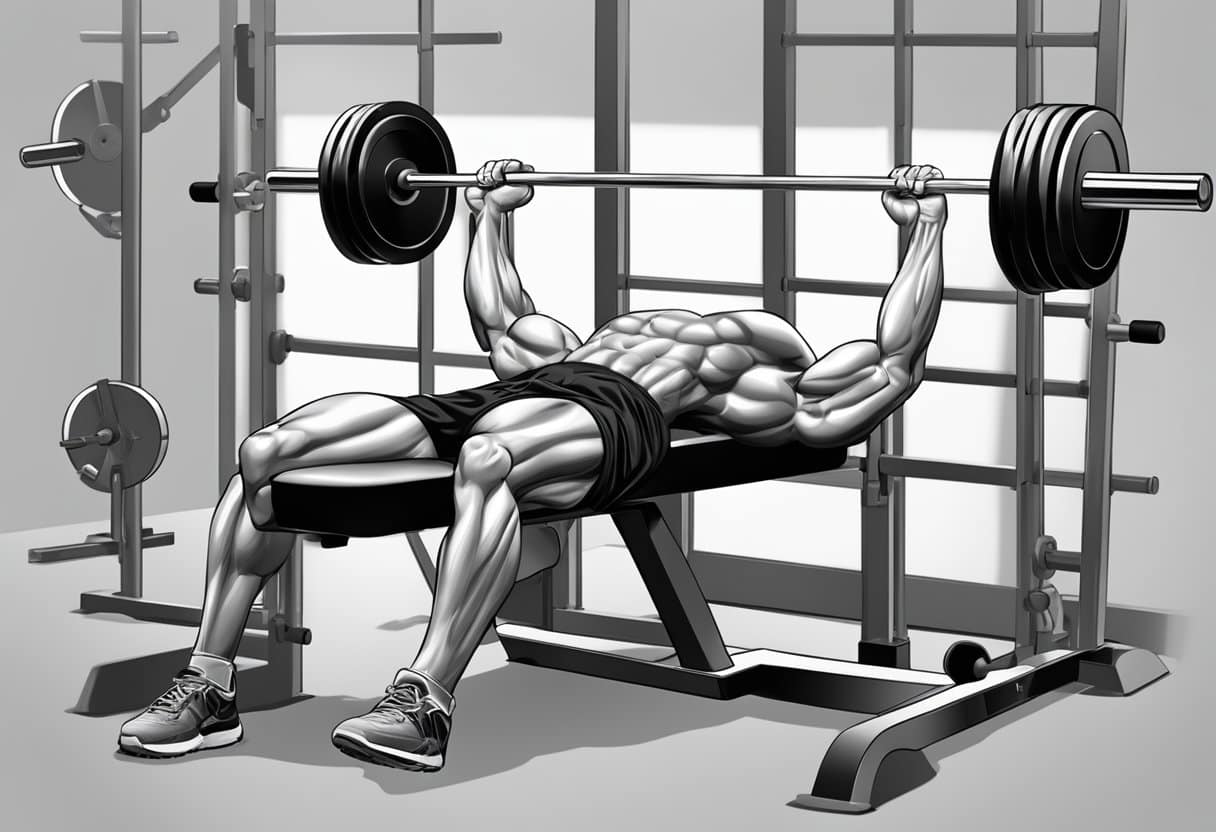 A person lying on a weight bench, with a barbell above them, ready to perform a bench press. A spotter may be present for safety