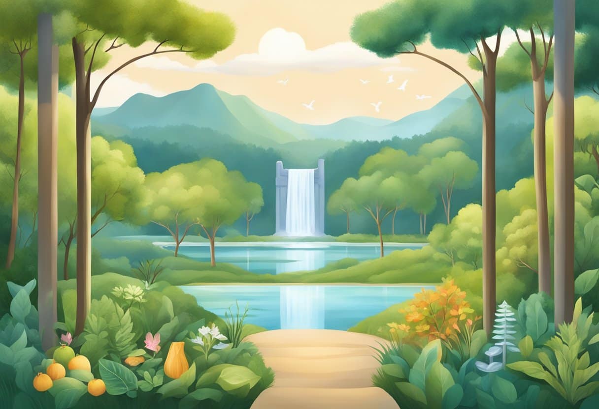 A serene landscape with eight distinct elements representing the pillars of wellness, such as nature, exercise, nutrition, and mental health