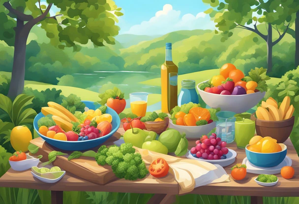 A vibrant scene with a balanced diet, exercise, and rest, surrounded by nature and fresh air