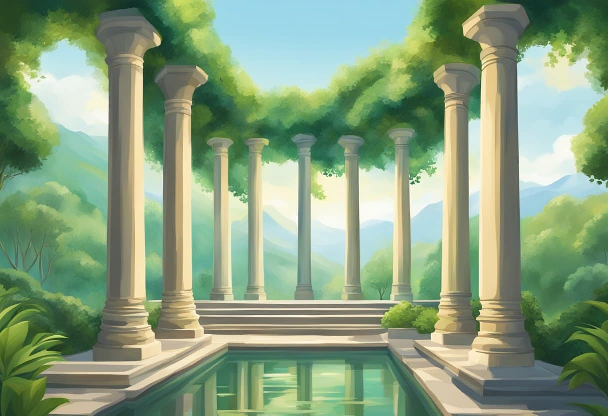 A serene landscape with eight pillars representing different aspects of emotional wellness, surrounded by lush greenery and a peaceful atmosphere