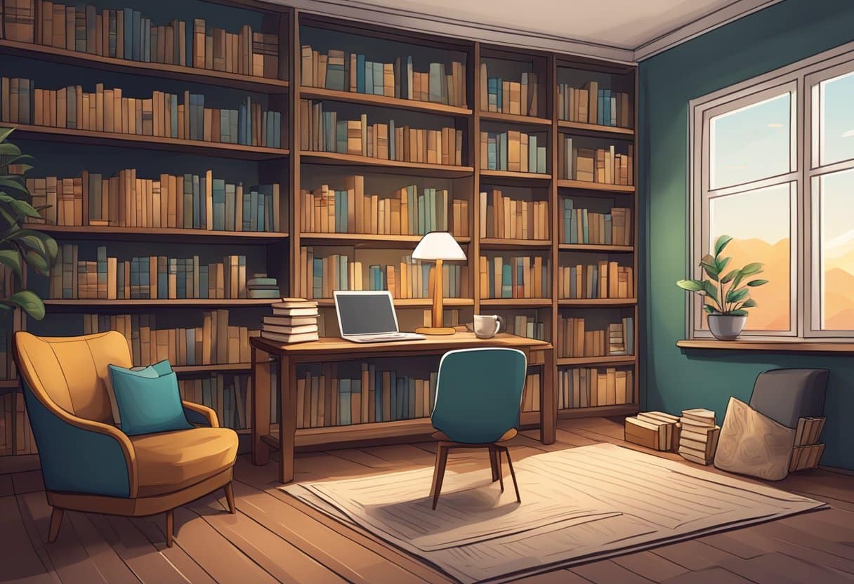 A serene library with books, a cozy reading nook, and a desk with a laptop and notebooks. A cup of tea sits on the table